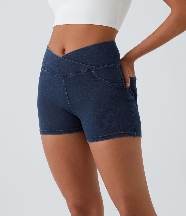 HalaraMagic™ High Waisted Crossover Back Side Pocket Stretchy Knit Denim Casual Shorts 3"