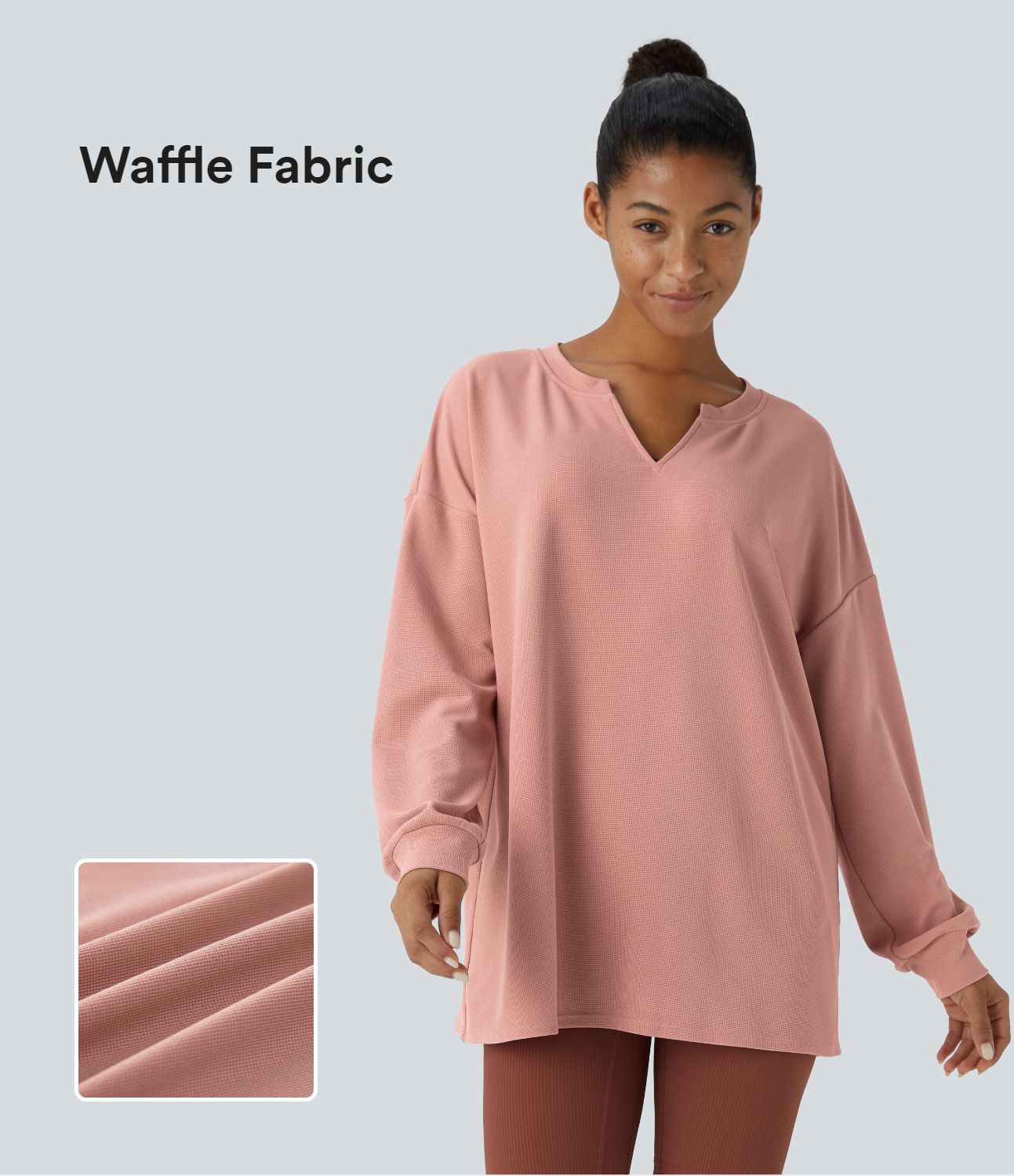 V-neck drop-shoulder relaxed waffle casual sweatshirt