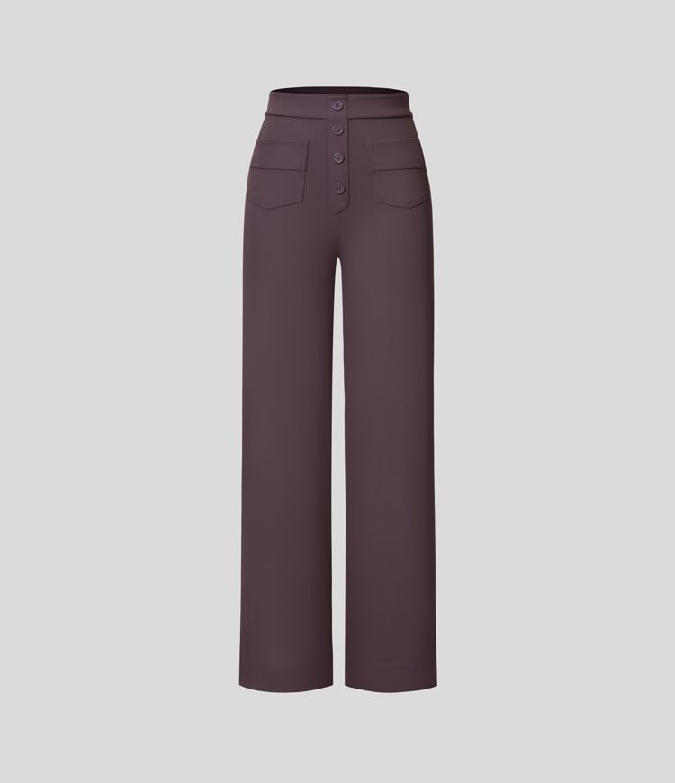 High Waisted Pockets Straight Leg Casual Pants