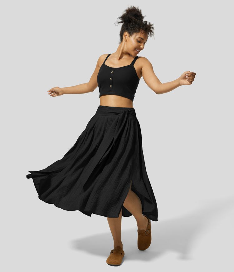 Hoch taillierter, lässiger Flowy Midirock mit Seitentaschen, Schlitz und Knoten vorne