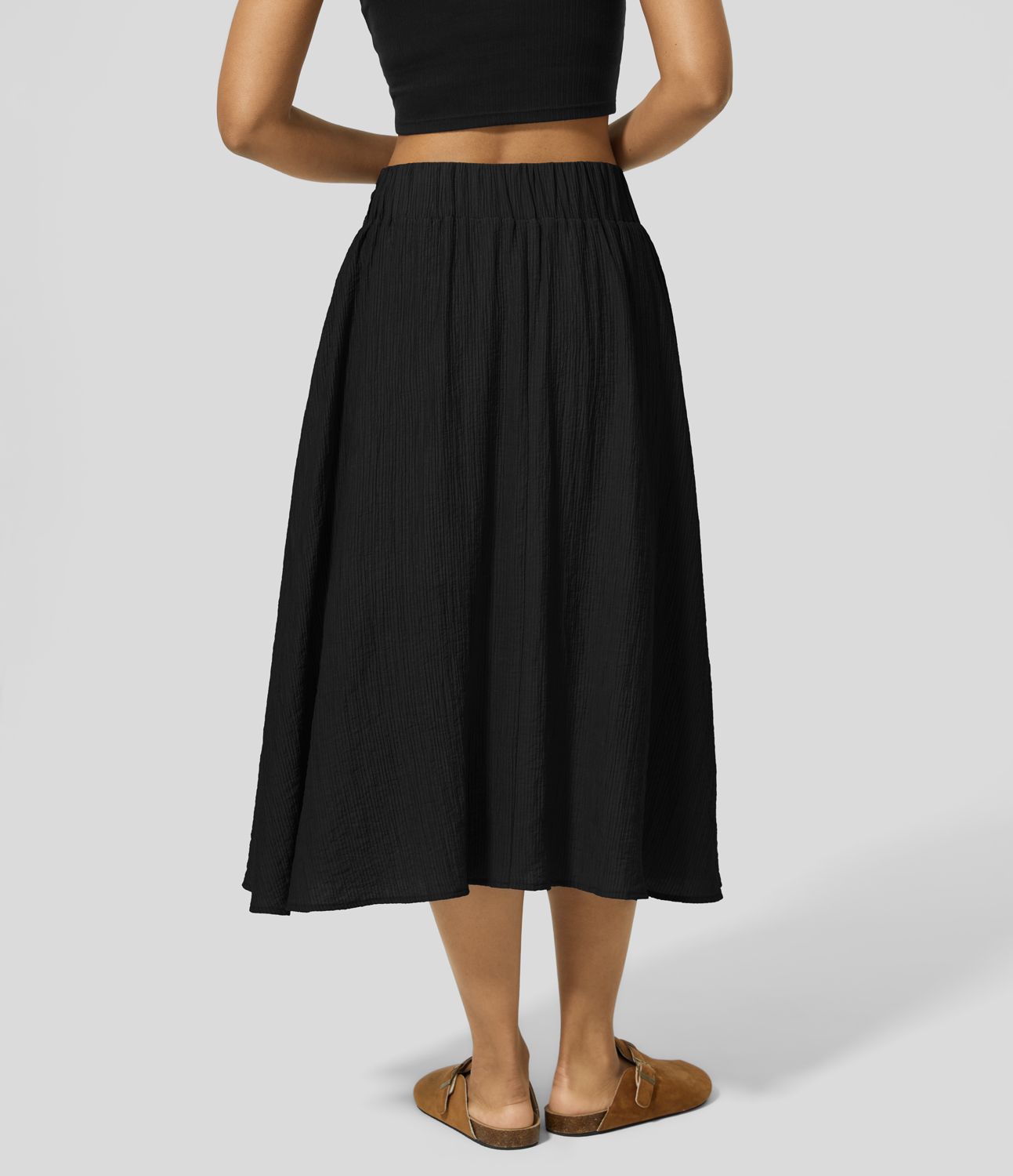 Hoch taillierter, lässiger Flowy Midirock mit Seitentaschen, Schlitz und Knoten vorne