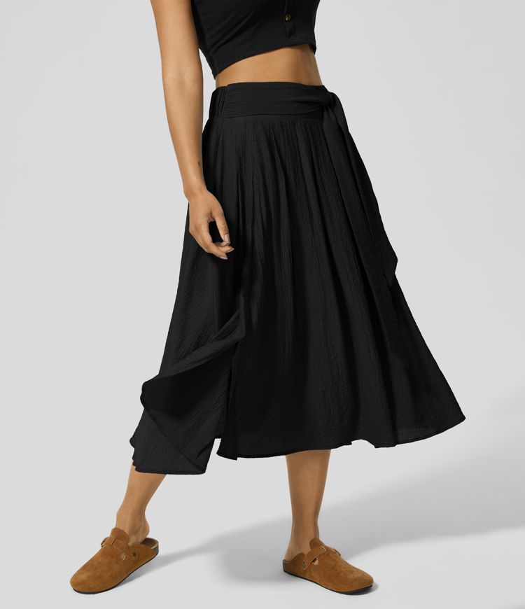 Hoch taillierter, lässiger Flowy Midirock mit Seitentaschen, Schlitz und Knoten vorne