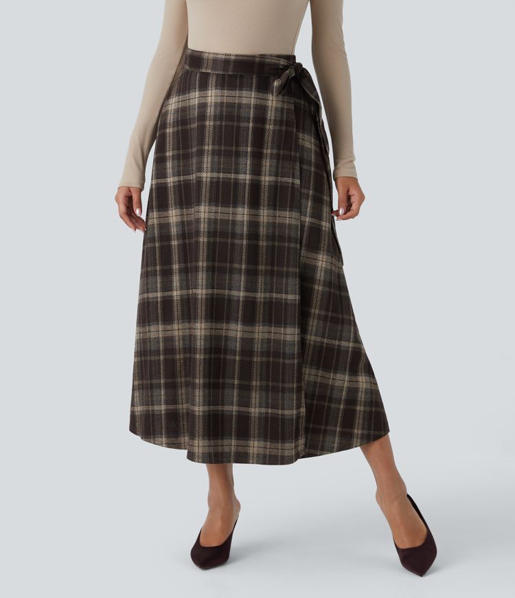 High Waisted Belted Wrapped Pocket Plaid Midi Work Skirt-Front and Back Wearable