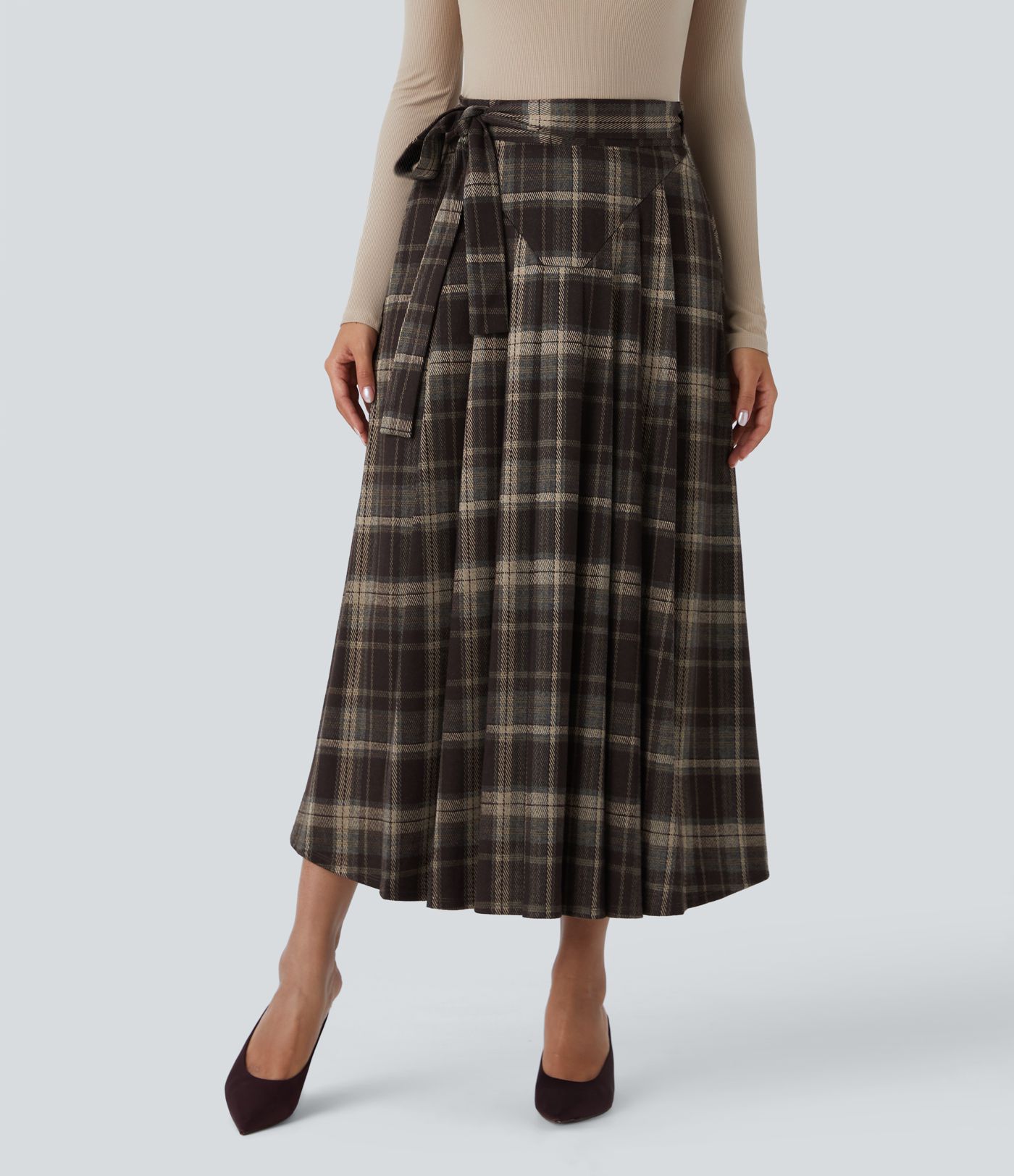 High Waisted Belted Wrapped Pocket Plaid Midi Work Skirt-Front and Back Wearable