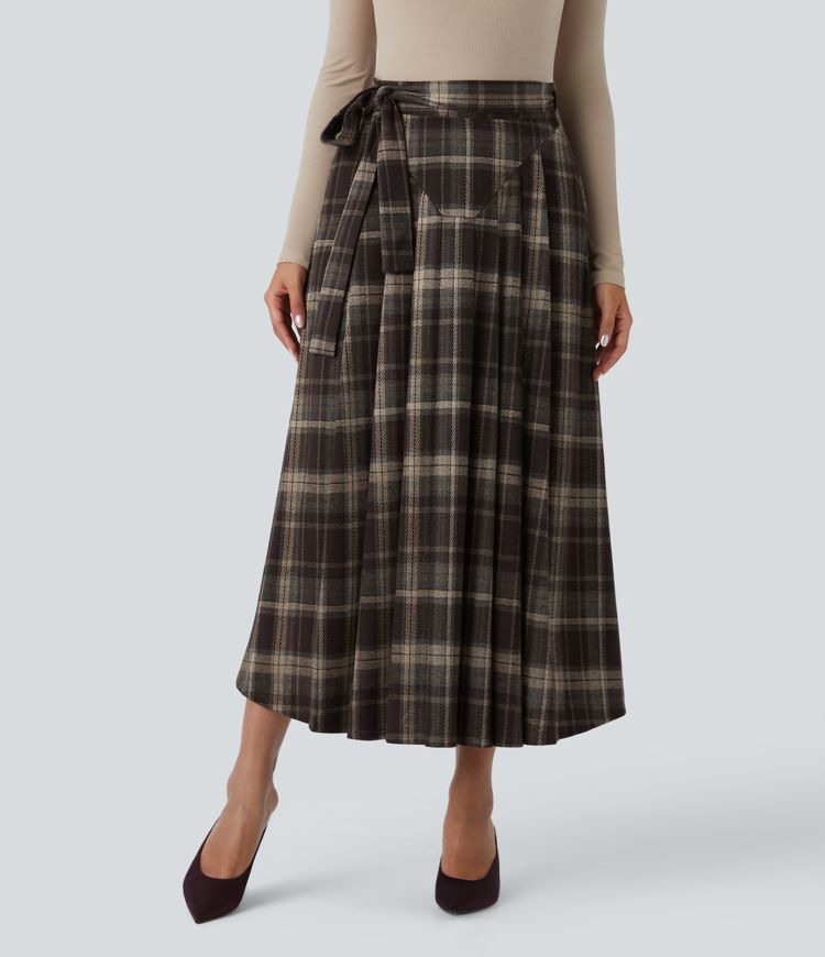 High Waisted Belted Wrapped Pocket Plaid Midi Work Skirt-Front and Back Wearable