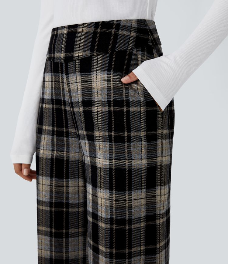 Pantalón oficina cuadros bolsillo lateral tiro alto