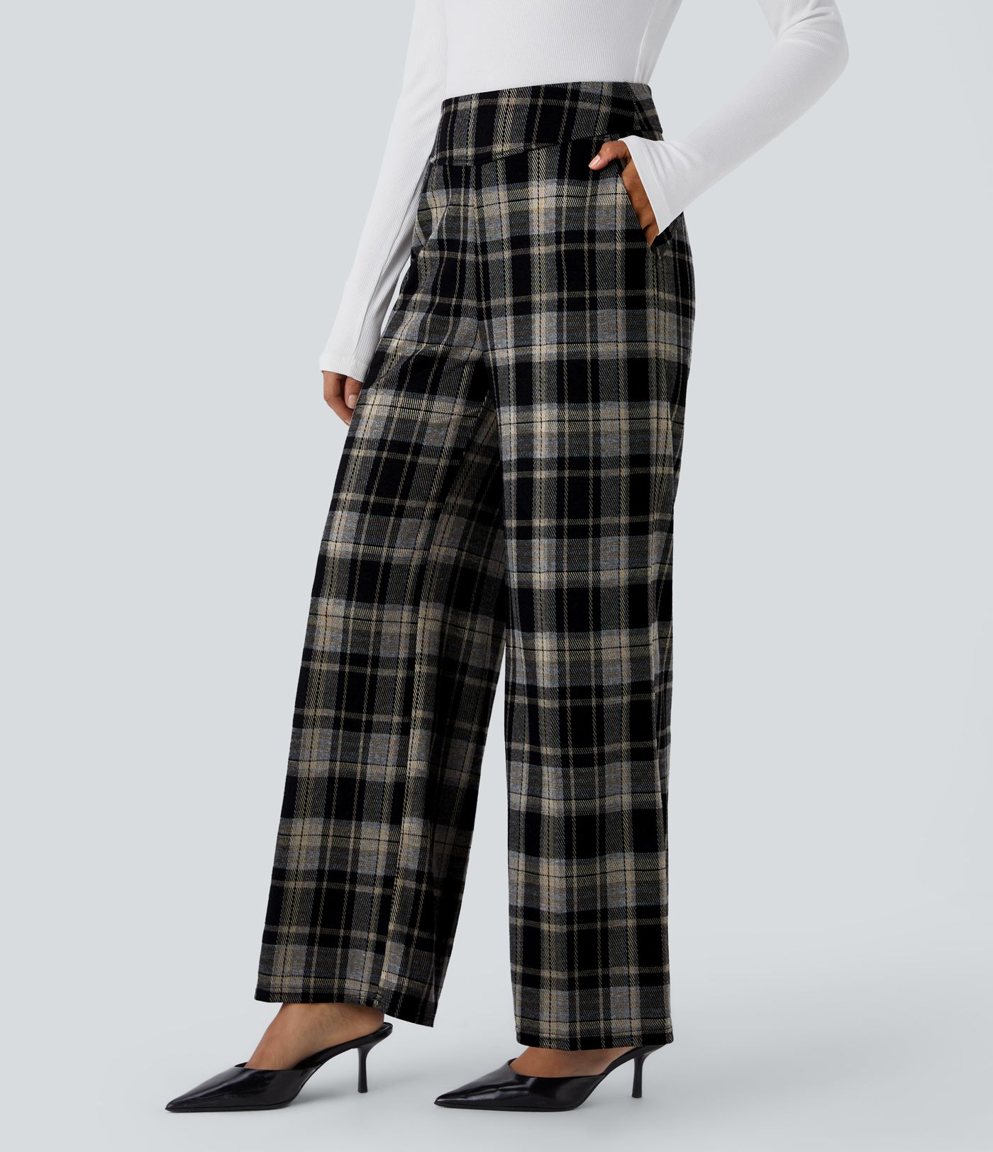 Pantalon de travail Halara Flex™ à carreaux, taille haute, avec poches