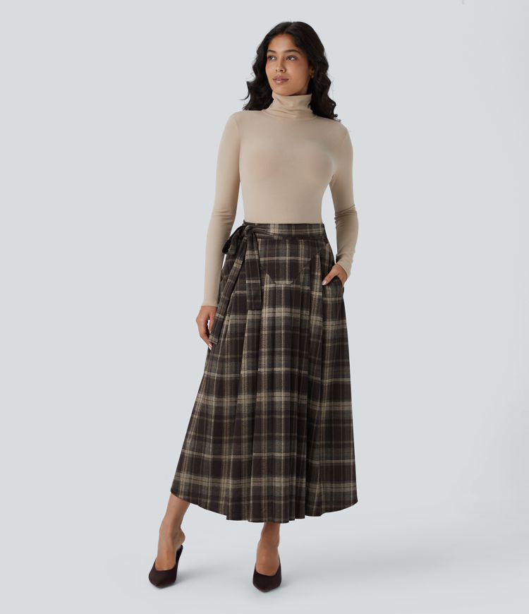 High Waisted Belted Wrapped Pocket Plaid Midi Work Skirt-Front and Back Wearable