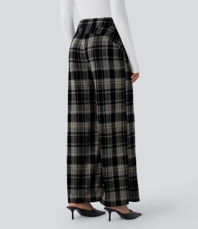 Pantalón oficina cuadros bolsillo lateral tiro alto