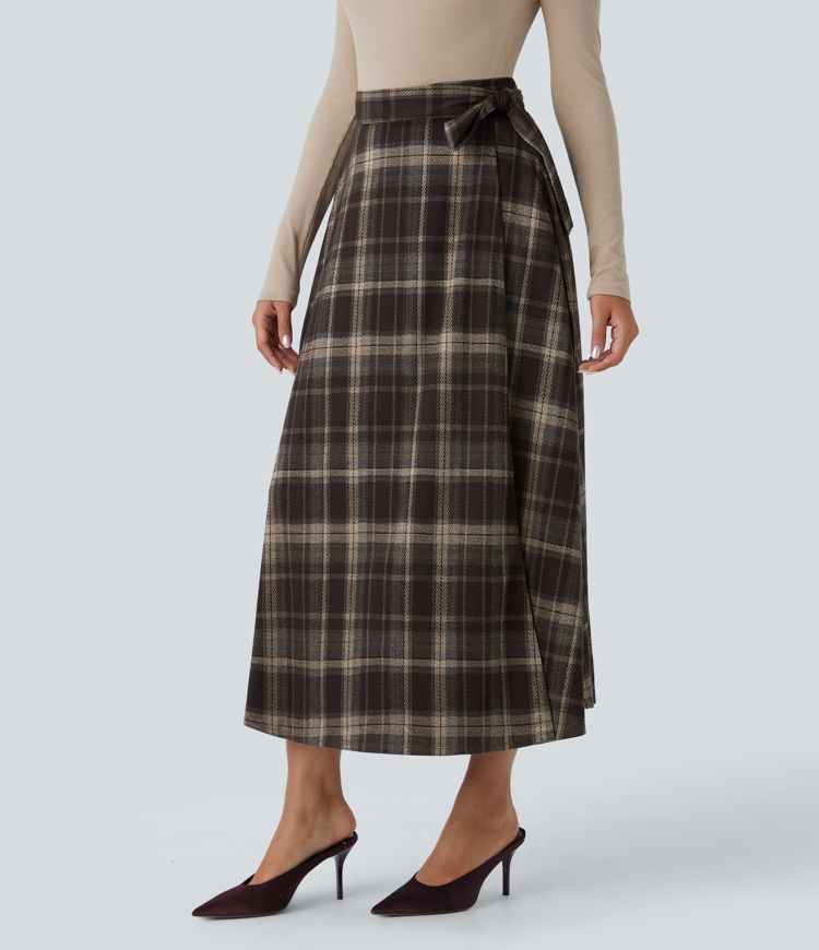 High Waisted Belted Wrapped Pocket Plaid Midi Work Skirt-Front and Back Wearable