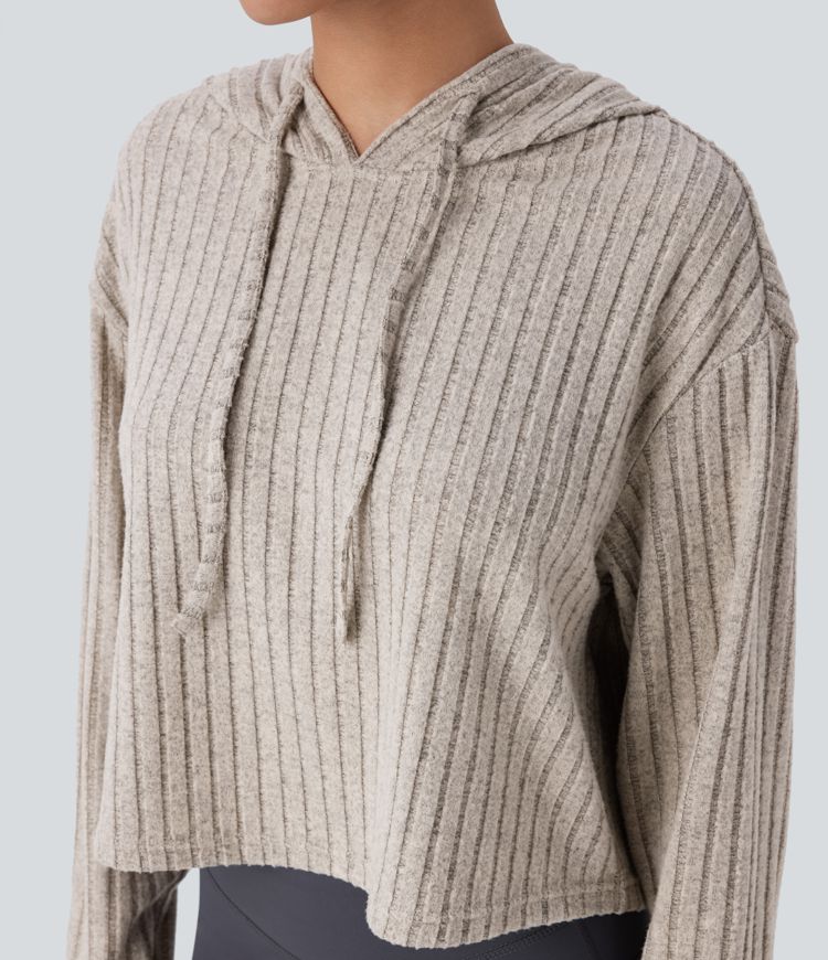 Ribbed Knit Hooded Drawstring Relax Casual Sweatshirt