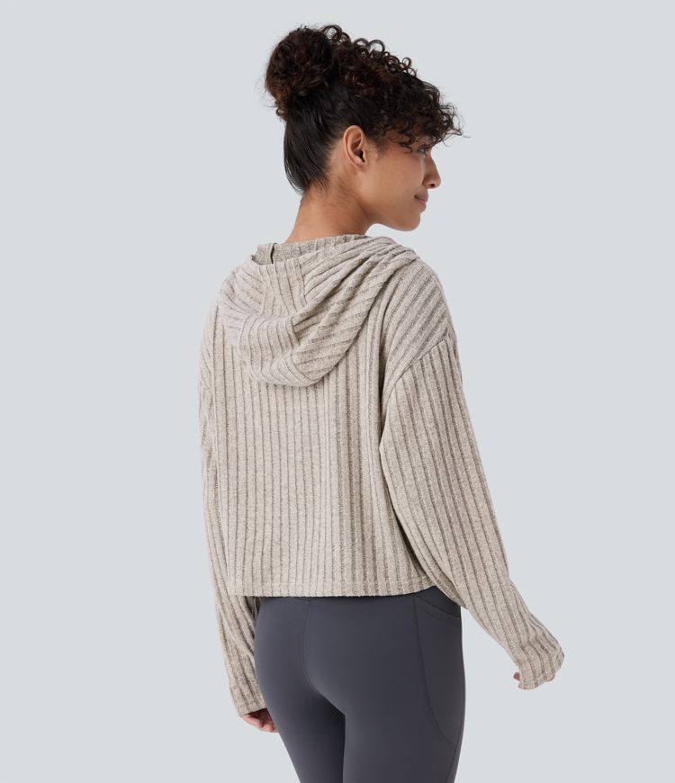 Ribbed Knit Hooded Drawstring Relax Casual Sweatshirt