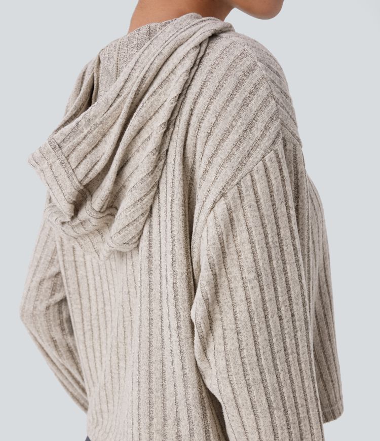 Ribbed Knit Hooded Drawstring Relax Casual Sweatshirt