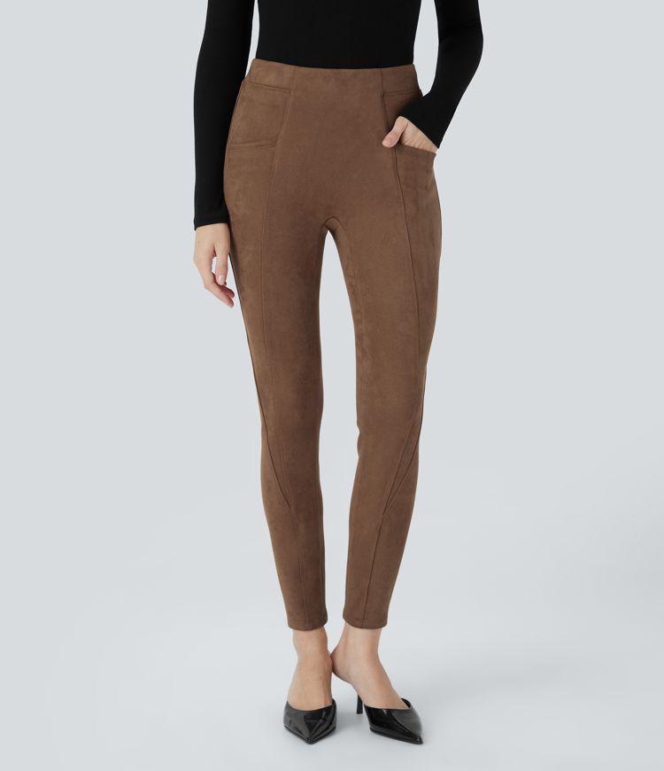 High Waisted Tummy Control Side Pocket Suede Casual Leggings