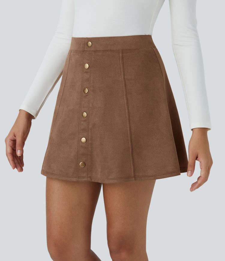 Jupe-short décontractée 2-en-1 en suédine taille haute, boutons décoratifs et coupe évasée