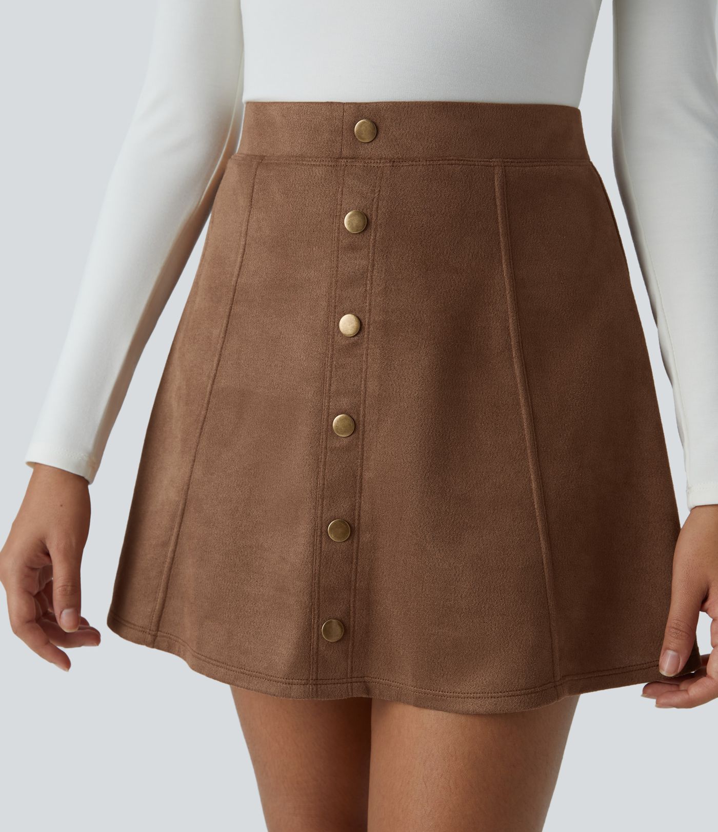 High Waisted Decorative 2-in-1 A Line Suede Mini Casual Skirt
