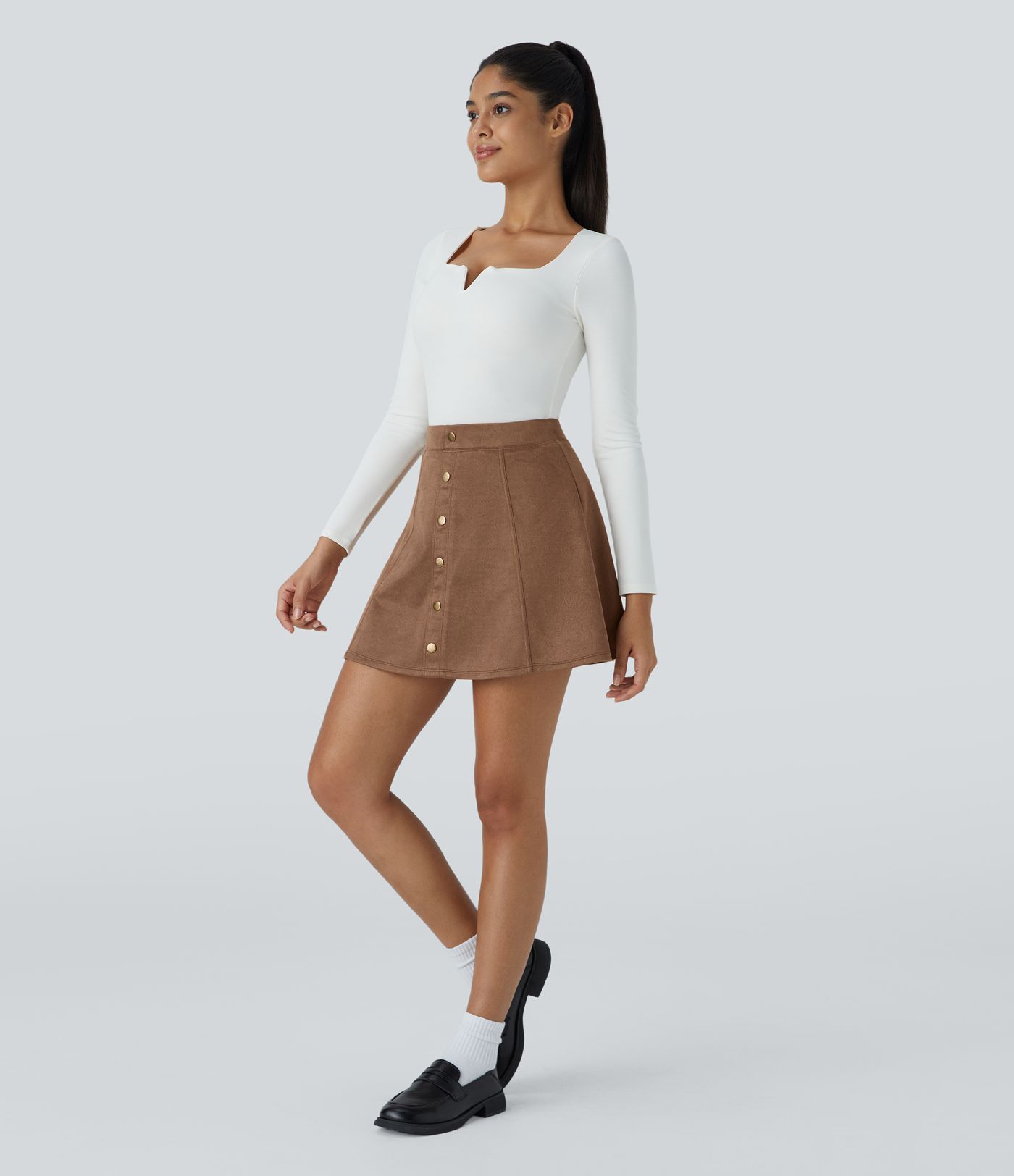 High Waisted Decorative 2-in-1 A Line Suede Mini Casual Skirt