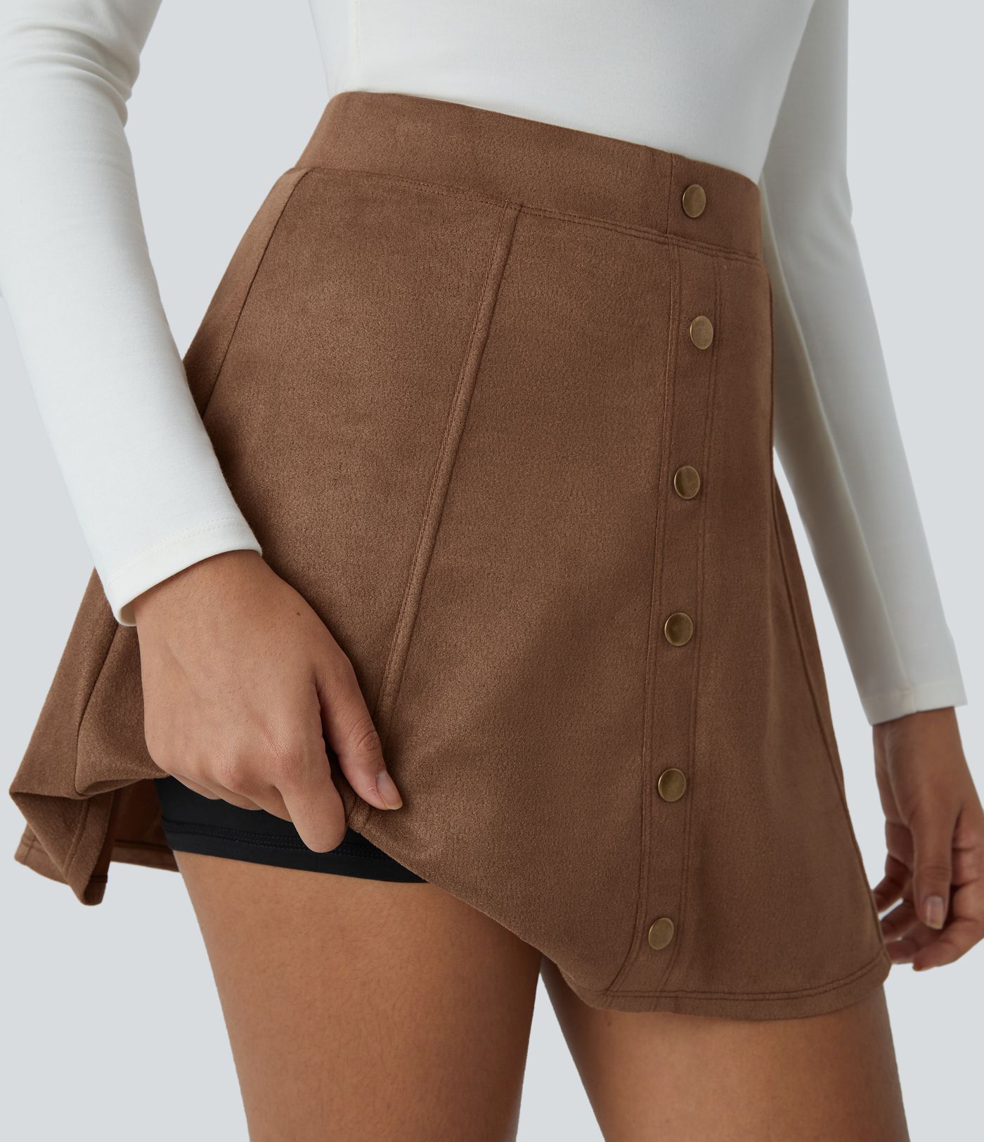 High Waisted Decorative 2-in-1 A Line Suede Mini Casual Skirt