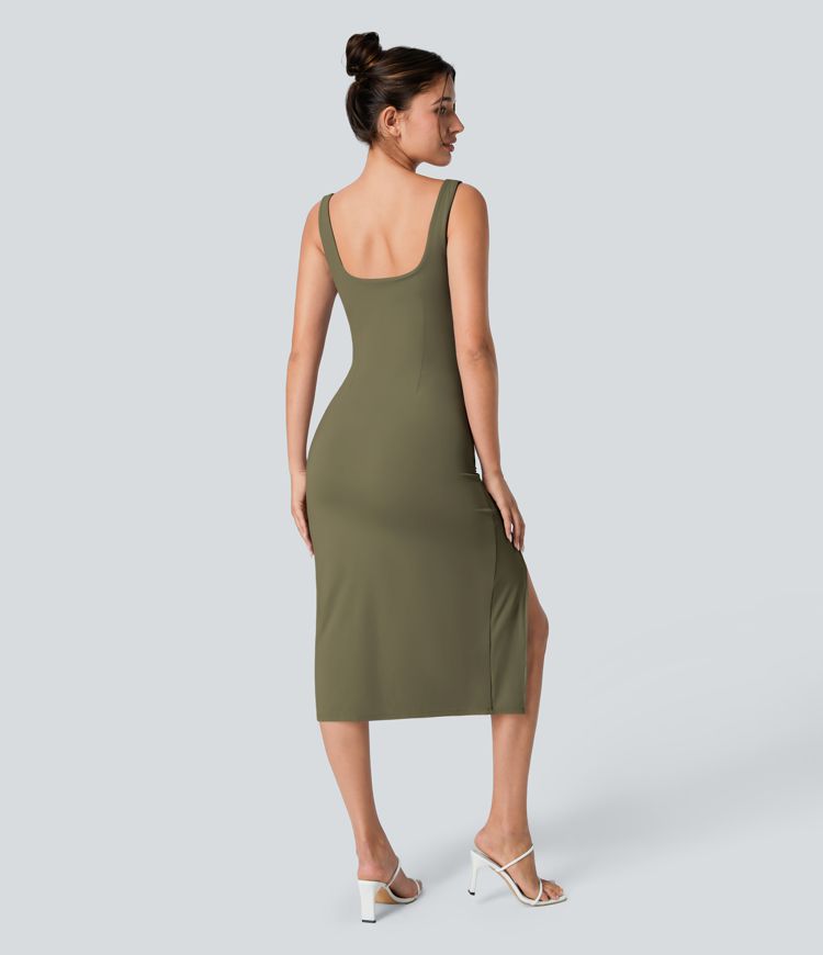 Robe Casual Midi Corset Moulante Encolure Carrée Dos Nu Ruchée