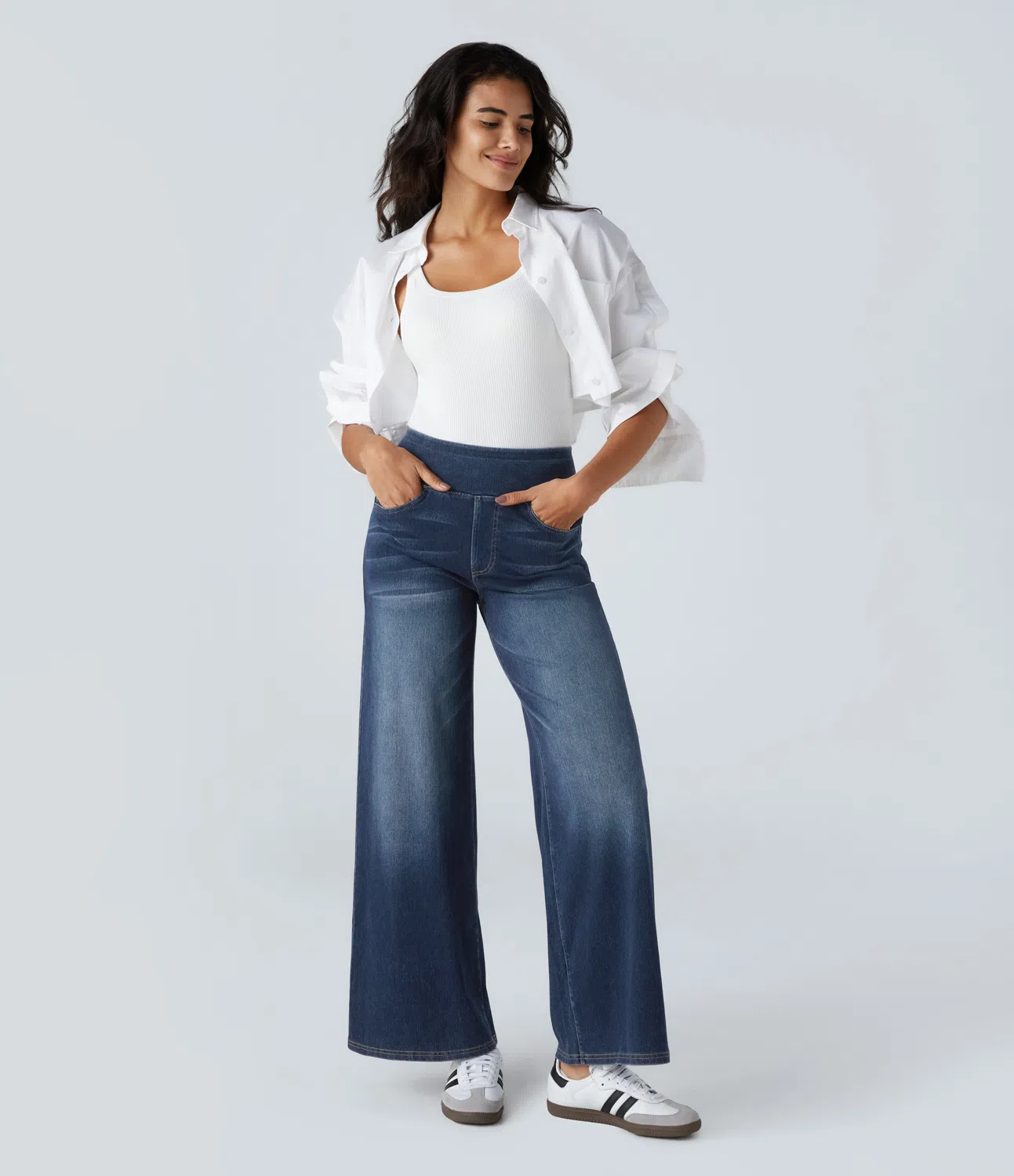 Halara Flex™ High Waisted Multiple Pockets Wide Leg Washed Stretchy Knit Casual Jeans
