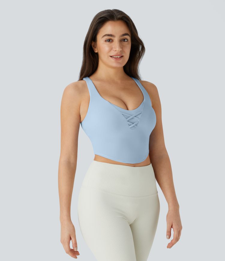 Softlyzero™ Airy U Neck Crisscross Contrast Mesh Cropped Skinny Cool Touch Workout Tank Top - UPF50+
