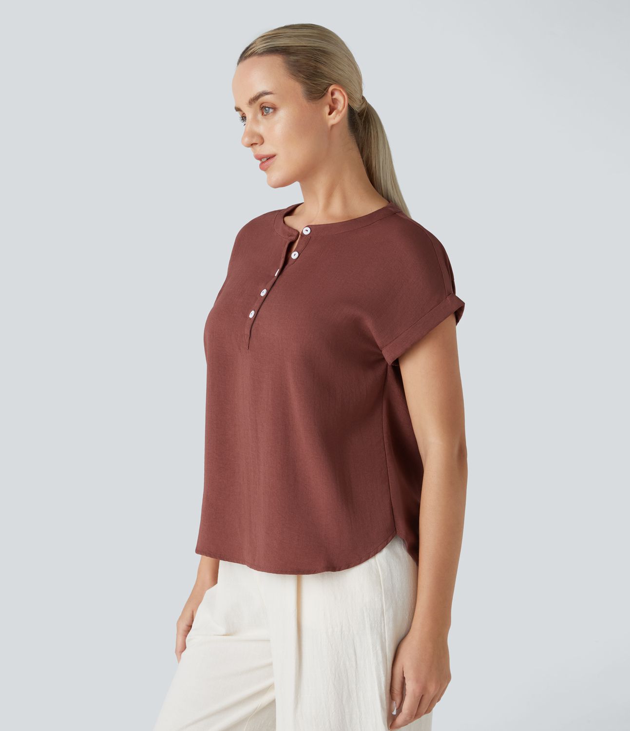HENRY NECK HI-LOW CURVE BOTTOM CASUAL LINEN FEEL BLOUSE
