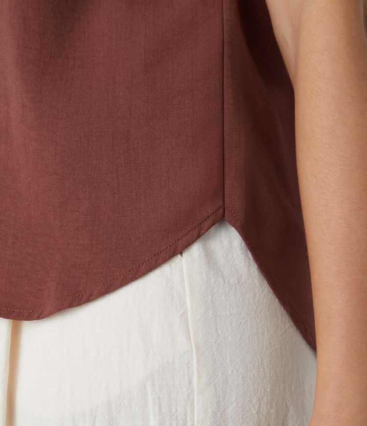 HENRY NECK HI-LOW CURVE BOTTOM CASUAL LINEN FEEL BLOUSE