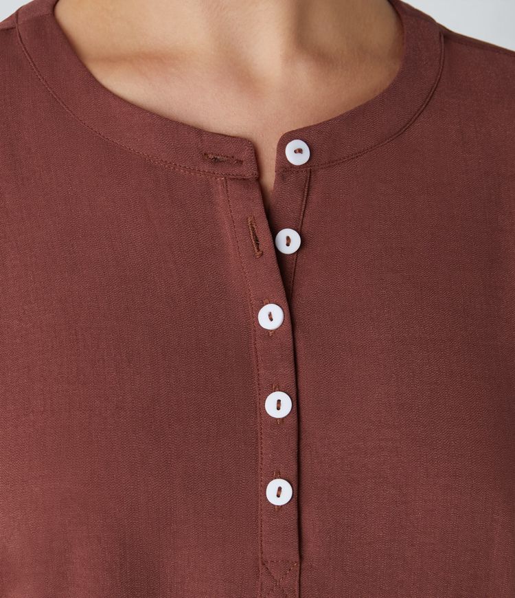 HENRY NECK HI-LOW CURVE BOTTOM CASUAL LINEN FEEL BLOUSE