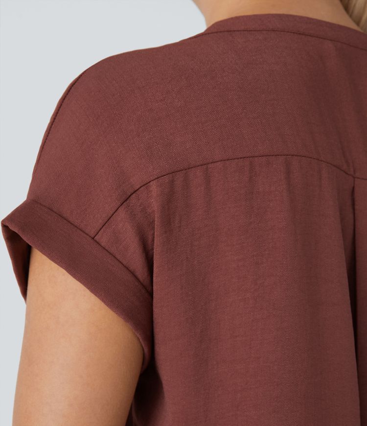 HENRY NECK HI-LOW CURVE BOTTOM CASUAL LINEN FEEL BLOUSE