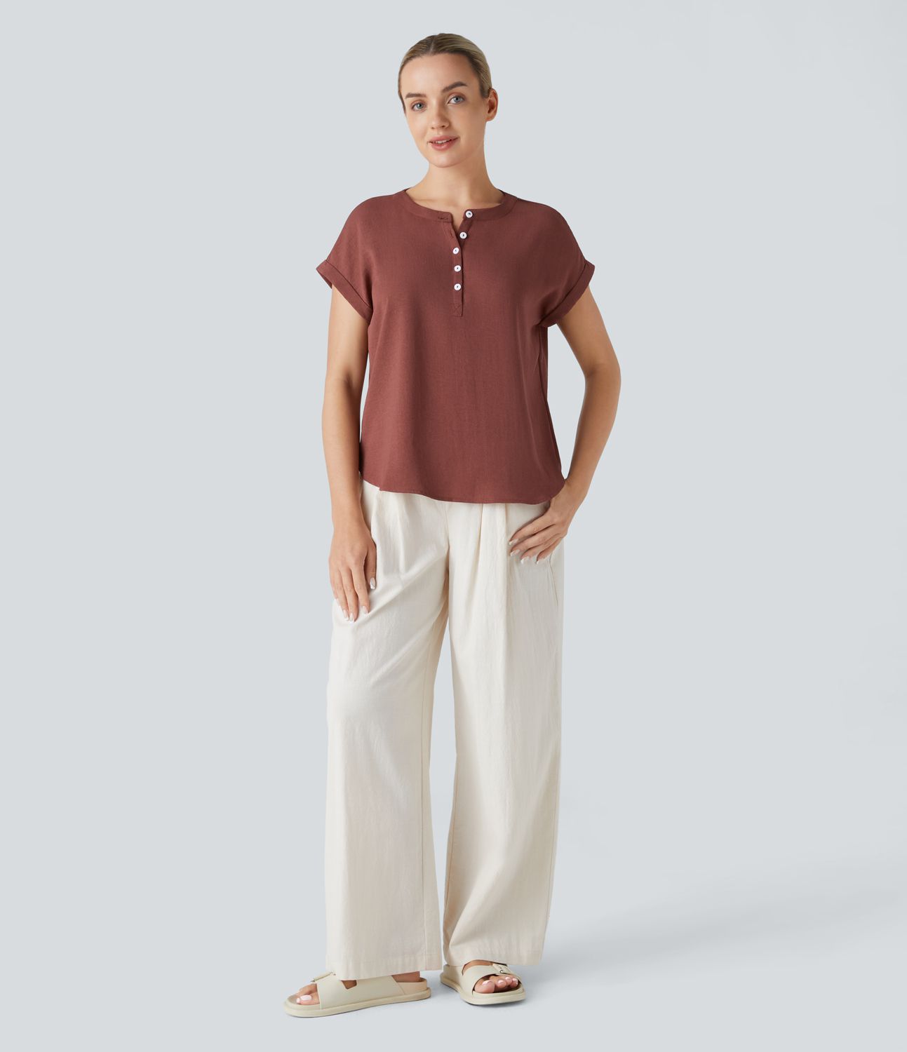 HENRY NECK HI-LOW CURVE BOTTOM CASUAL LINEN FEEL BLOUSE