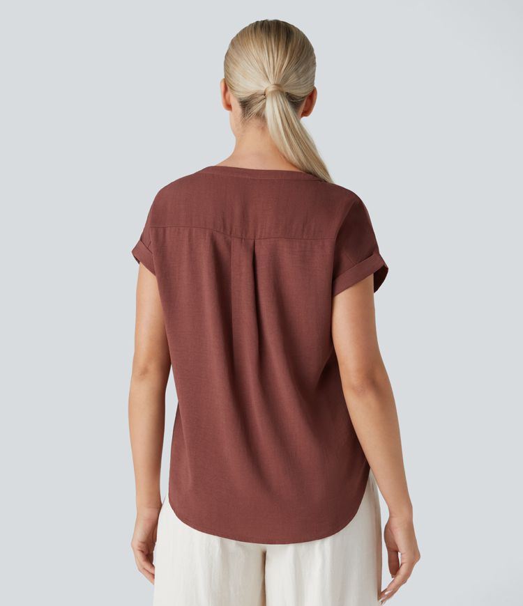 HENRY NECK HI-LOW CURVE BOTTOM CASUAL LINEN FEEL BLOUSE