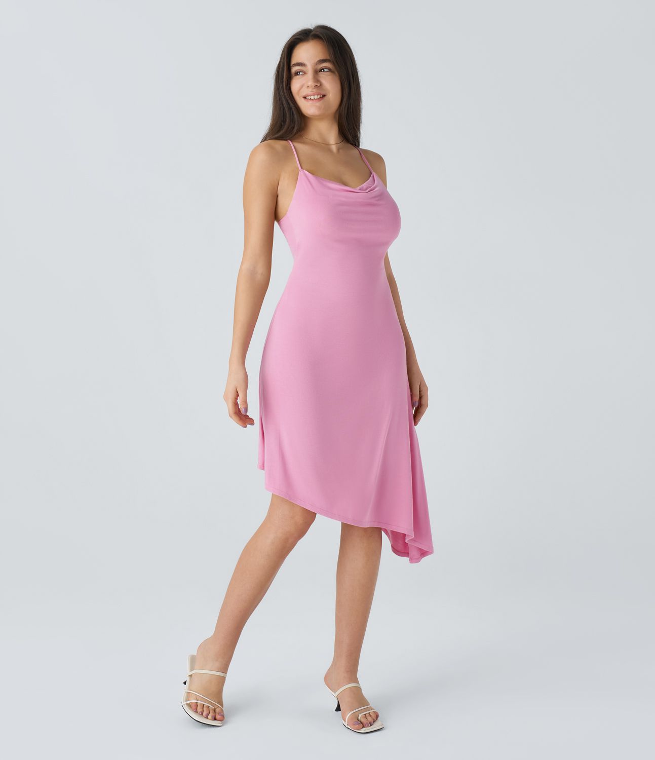 Live cow neckline backless crisscross strap asymmetric hem midi party dress