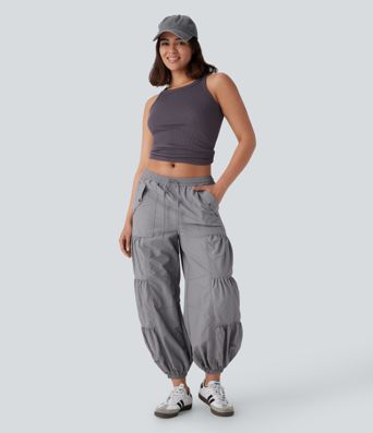Joggers cargo tiro medio bolsillo lateral fruncido cordón