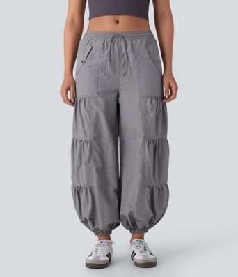 Joggers cargo tiro medio bolsillo lateral fruncido cordón