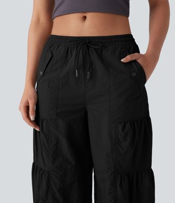 Joggers cargo holgados estilo paracaídas de tiro medio con cordón en la cintura, bolsillos y fruncidos Joggers cargo holgados estilo paracaídas de tiro medio con cordón en la cintura, bolsillos y fruncidos