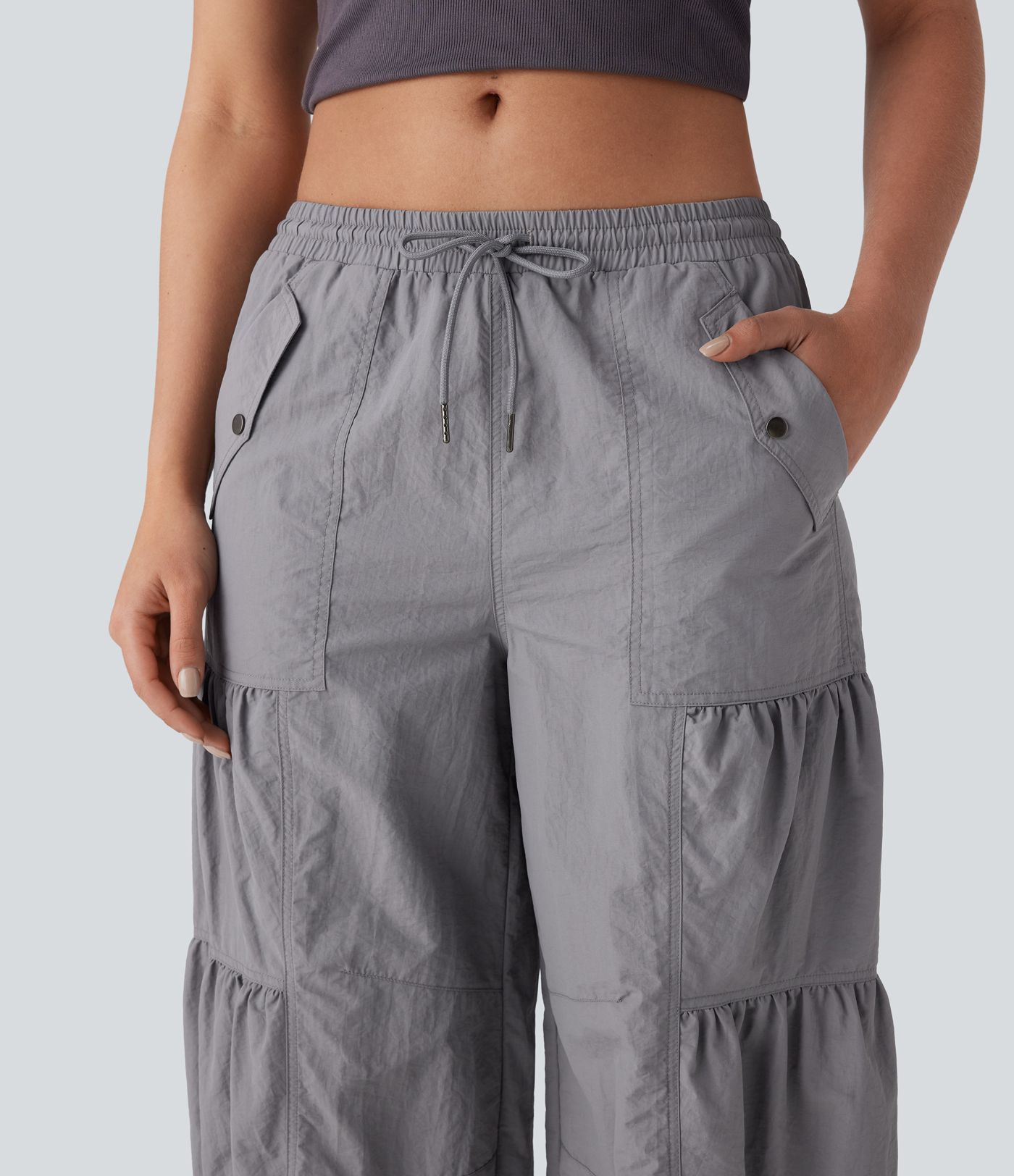 Mid Rise Drawstring Pocket Ruched Parachute Casual Cargo Joggers