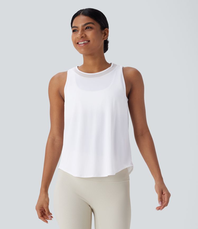 Contrast Mesh Curved Hem Cool Touch Quick Dry Running Tank Top
