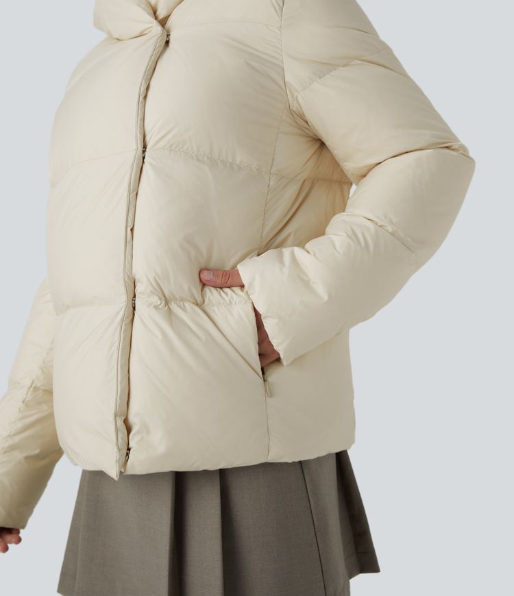 Water Repellent Hooded Side Zipper Pocket Snap Button Relaxed Casual Puffer Down Jacket