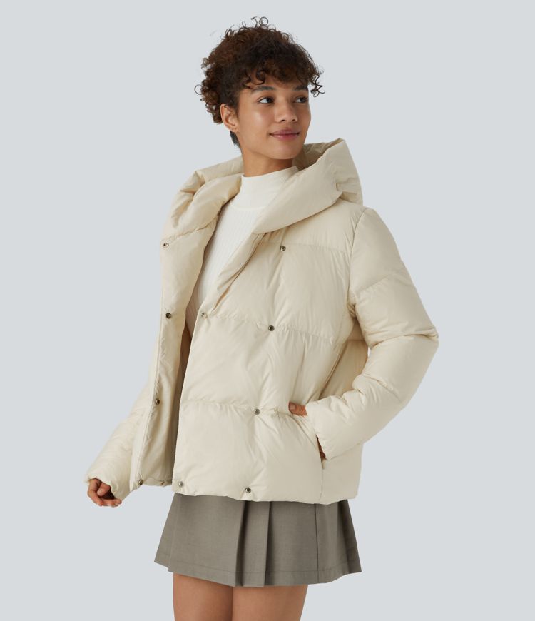 Water Repellent Hooded Side Zipper Pocket Snap Button Relaxed Casual Puffer Down Jacket