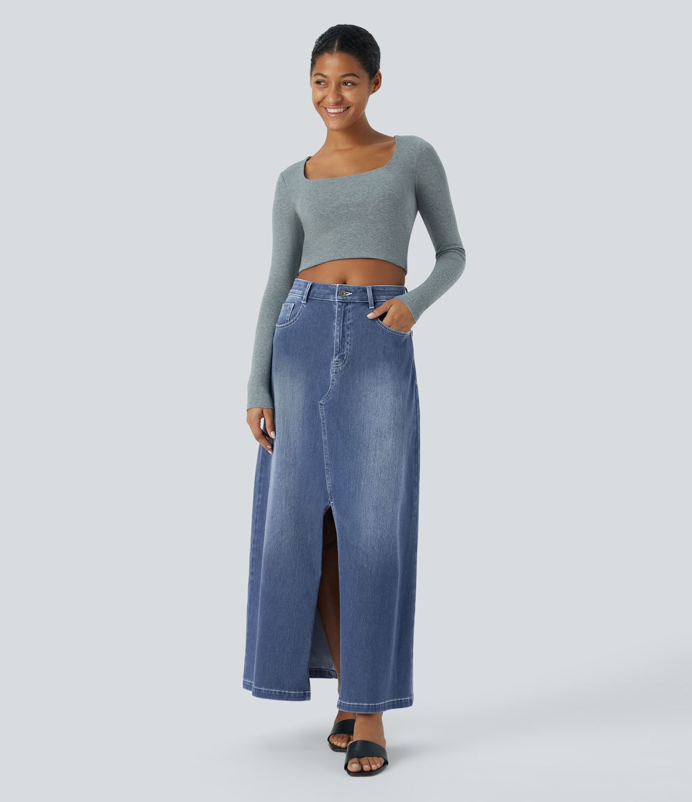 Halara Flex™ Casual Midi Jeans Krilo z Zadrgo in Žepi v Srednjem Pasu