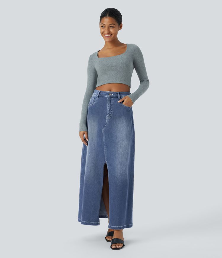 Halara Flex™ Mid Rise Zipper Pockets A Line Denim Maxi Casual Skirt