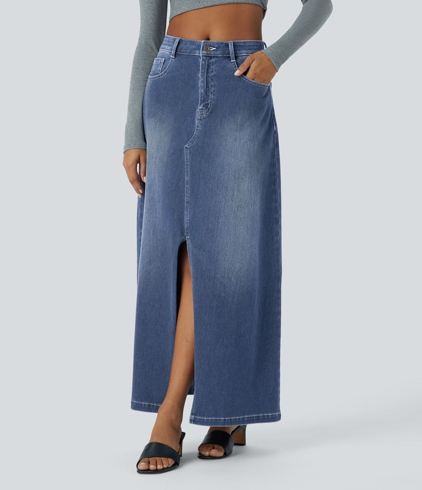 Halara Flex™ Casual Midi Jeans Krilo z Zadrgo in Žepi v Srednjem Pasu