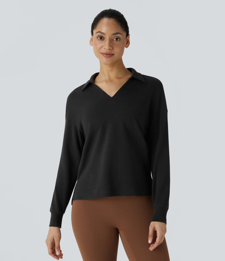 Polo V Neck Long Sleeve High Low Split Hem Yoga Sports Top