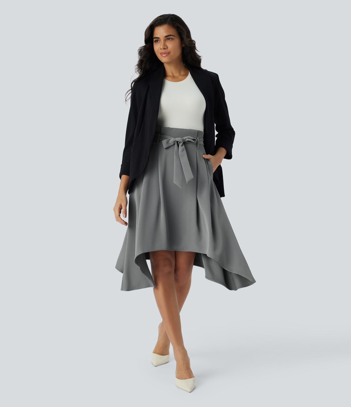 Paper bag high waist belt side pocket detail midi work skirt