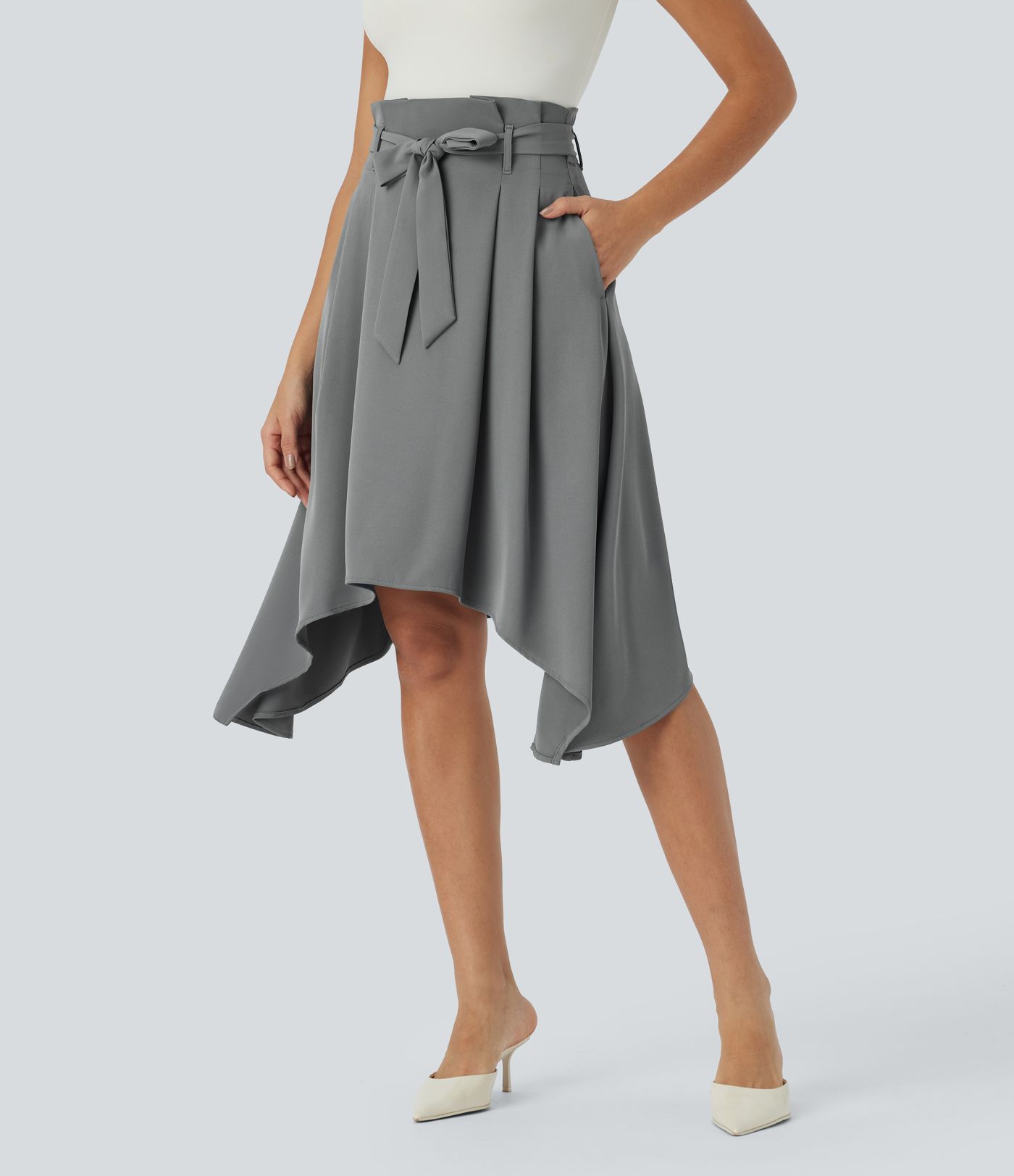 Paper bag high waist belt side pocket detail midi work skirt