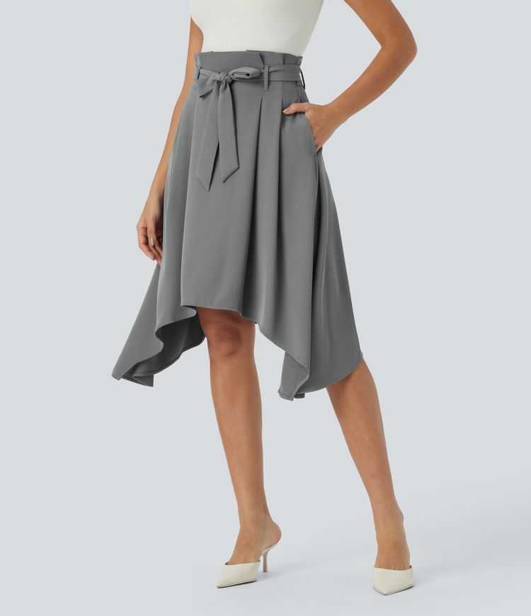 Paper bag high waist skirt with belt, side pockets and handkerchief hem, midi length