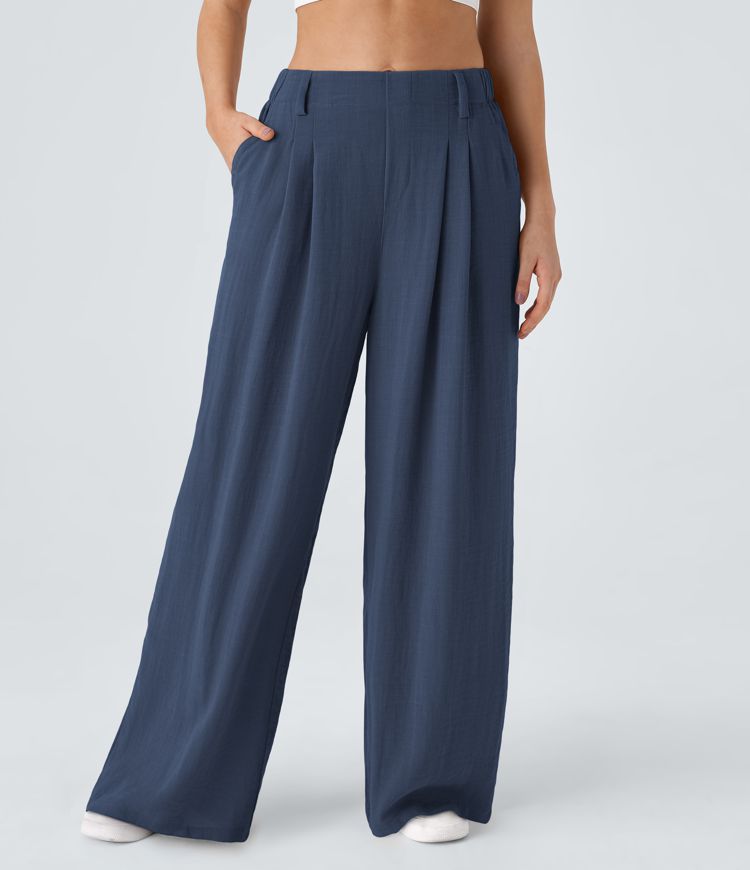 High Waisted Side Pocket Wide Leg Flowy Solid Palazzo Casual Linen-Feel Pants