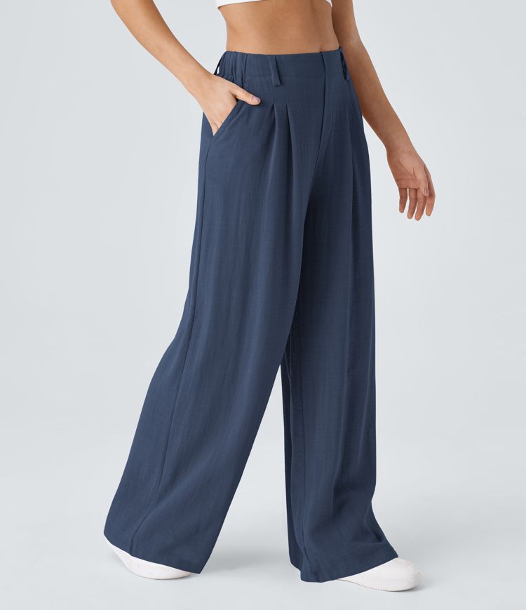 High Waisted Side Pocket Wide Leg Flowy Solid Palazzo Casual Linen-Feel Pants