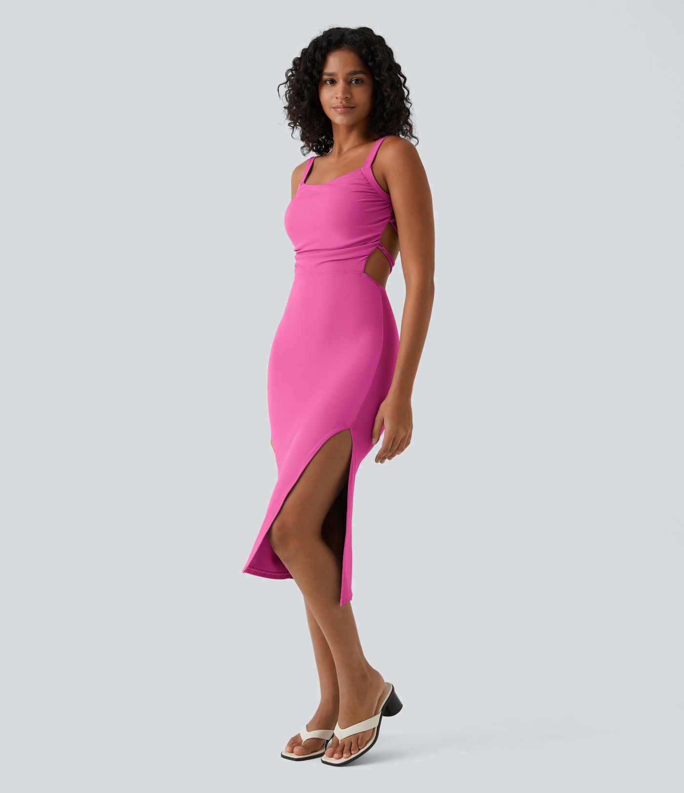 Ruched Lace Up Bodycon Midi Casual Dress