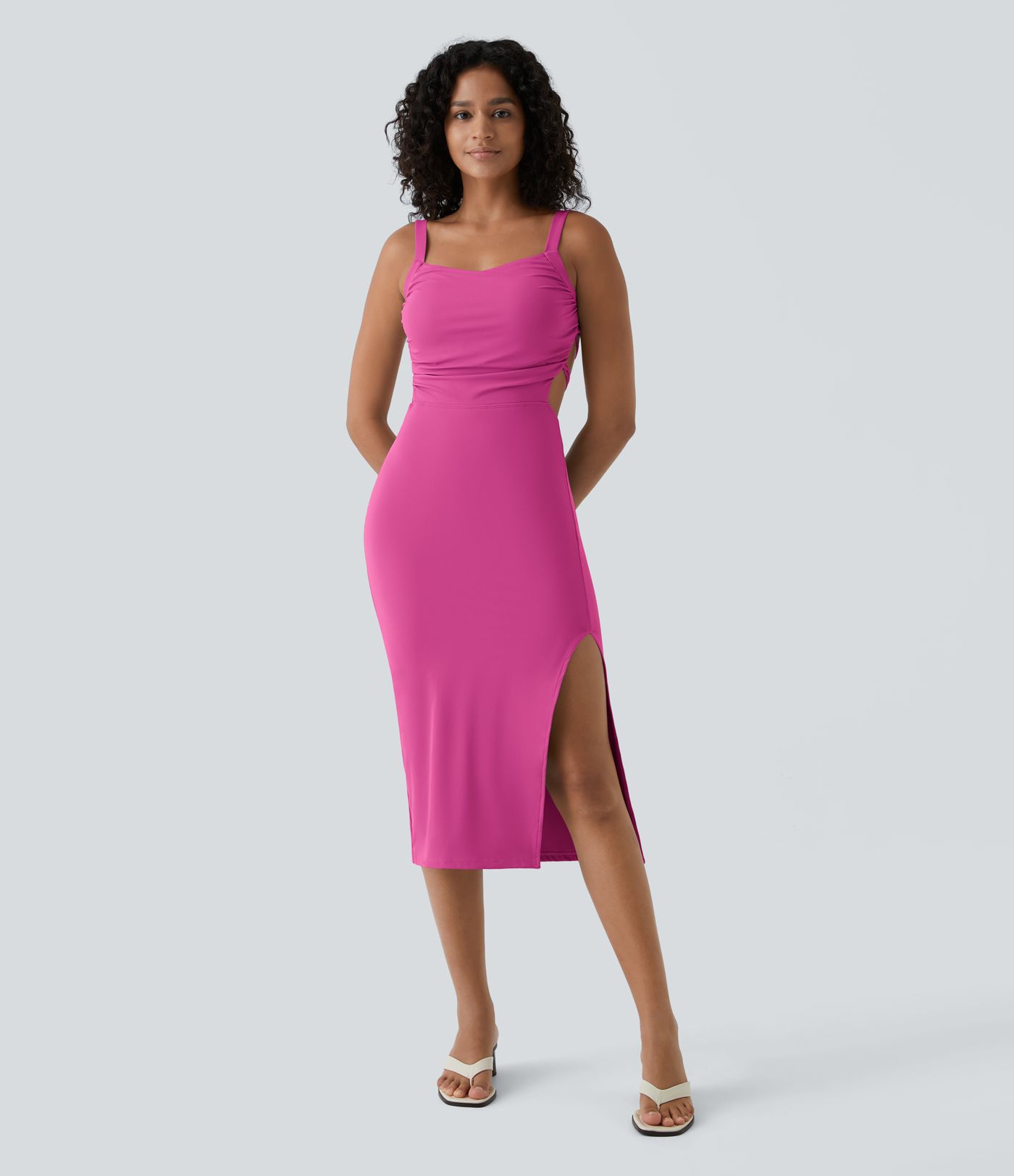 Ruched Lace Up Bodycon Midi Casual Dress